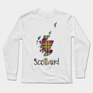 Scotland Pink, Blue and Yellow Tartan Map Typography Design Long Sleeve T-Shirt